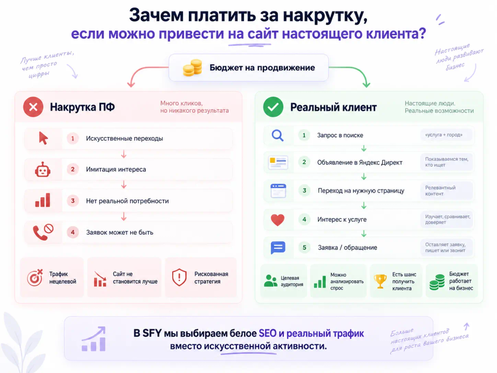 Сравнение накрутки поведенческих факторов и привлечения реальных клиентов через SEO и Яндекс Директ