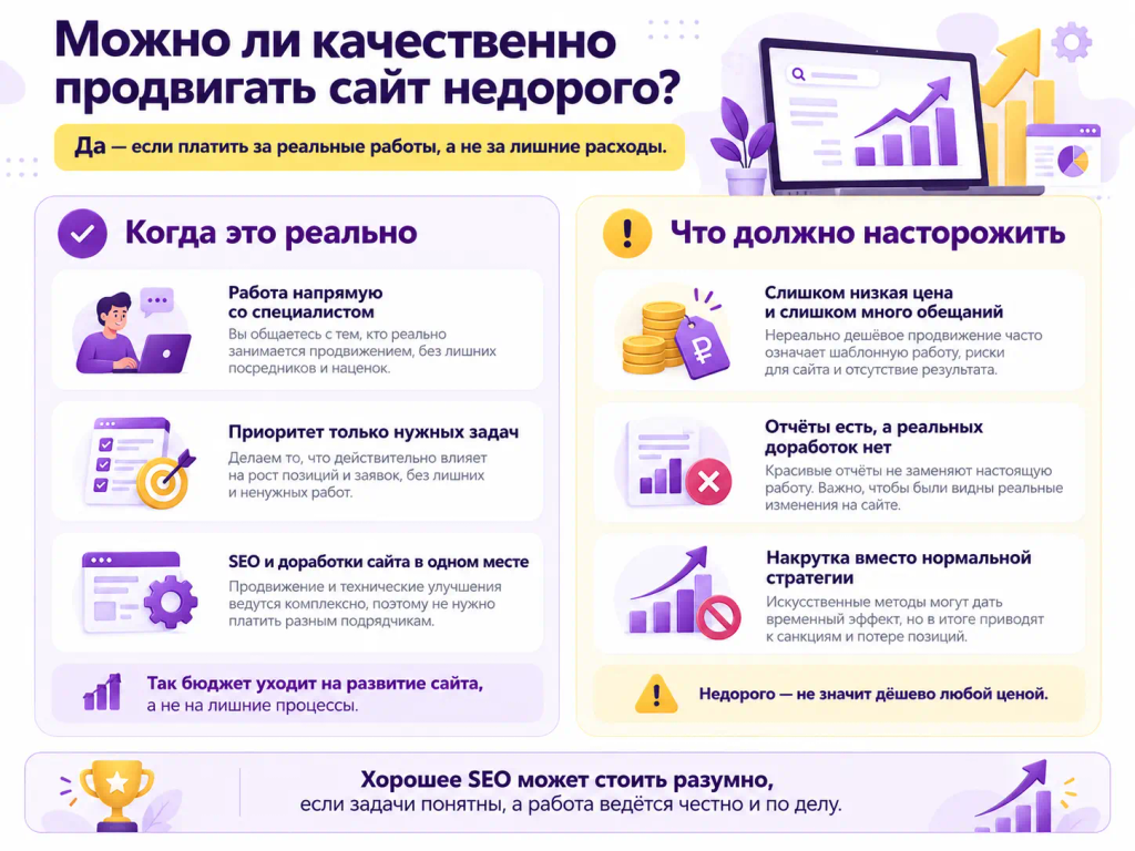 Можно ли качественно продвигать сайт недорого — преимущества доступного SEO-продвижения, разумная стоимость работ и признаки недобросовестных подрядчиков.