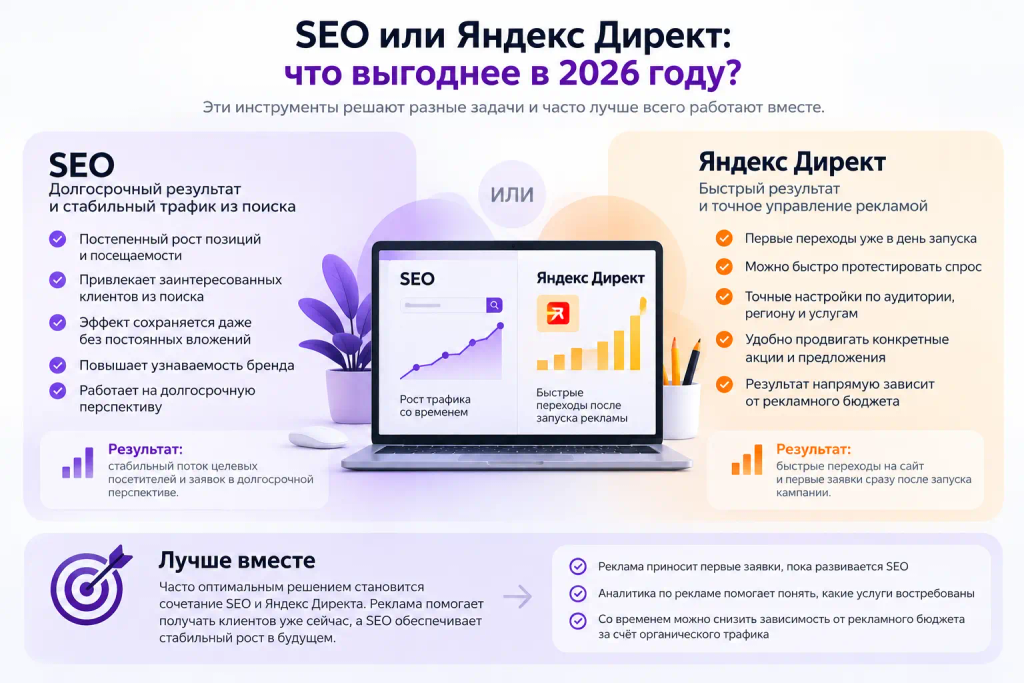 SEO или Яндекс Директ в 2026 году — инфографика со сравнением преимуществ поискового продвижения и контекстной рекламы для привлечения клиентов.
